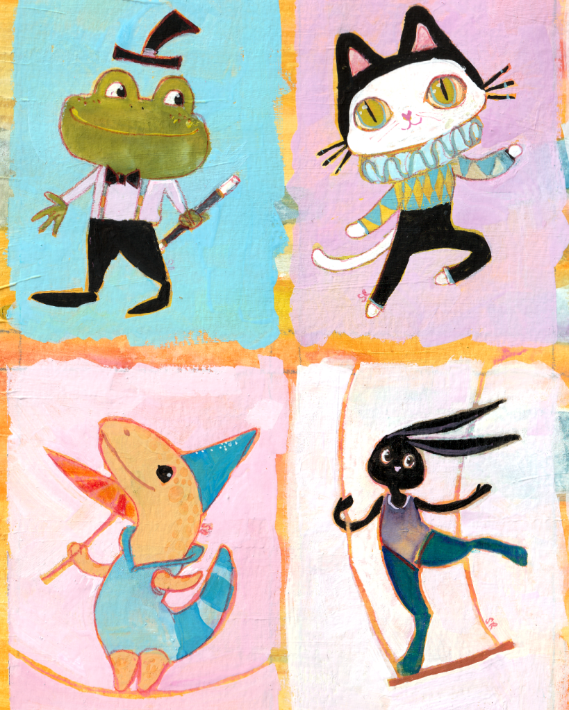 4 ACEO cards: Collection of circus animals including: a frog, cat, lizard and rabbit
