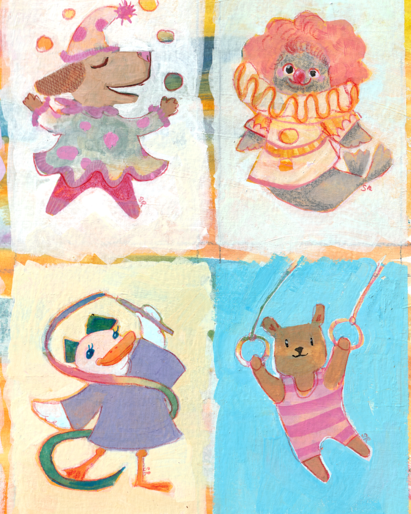 4 ACEO cards: Collection of circus animals including: a dog, a seal, a duck and a bear